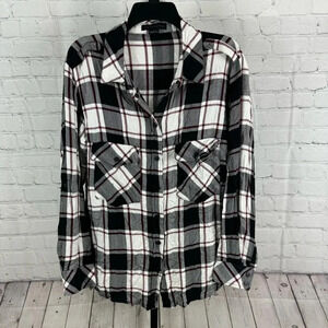 Sanctuary Black White Red Plaid Flannel Button Up Size Large